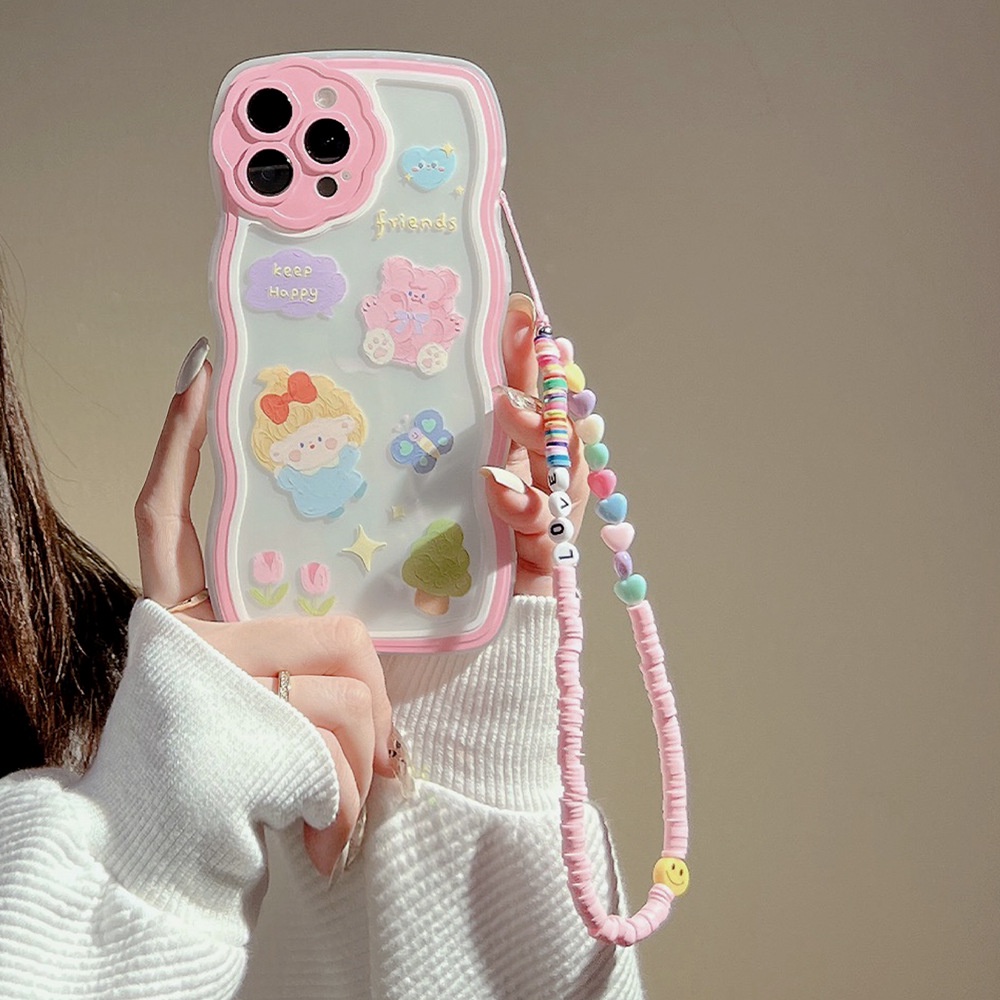 IPHONE Pink Kartun Gadis Dan Beruang Berbentuk Bunga Kamera Pelindung Lensa Ponsel Case Cover Dengan Manik-Manik Rantai Untuk Iphone7 8 PLUS X XR XS 11 12 13 14 PRO MAX SE 2020