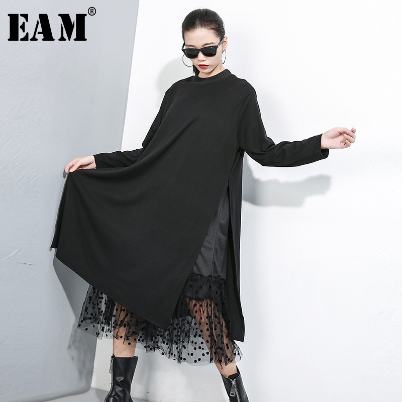 [EAM] Women Black Mesh Dot Split Joint Dress New Stand Collar Long Sleeve Loose Fit Fashion Tide Spr