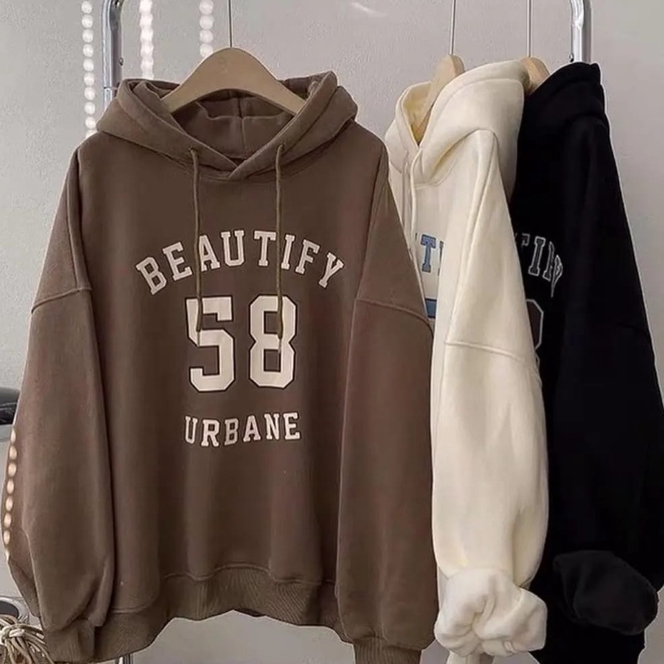 COD | Beautify 58 Sweater Hoodie Premium Fleece Tebal Outerwea Basic Oversize Besar Oblong OOTD Style Wanita Pria Cowok