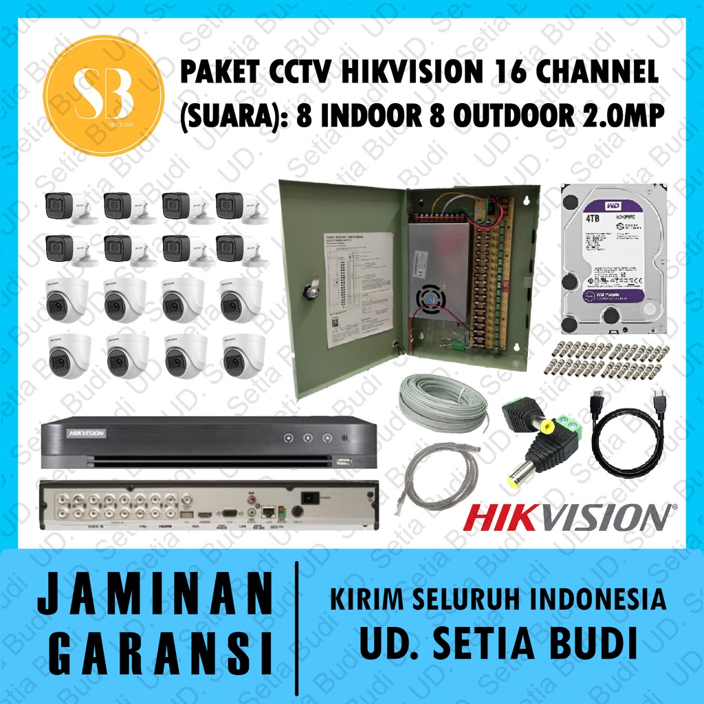 Paket FULL CCTV Hikvision 16 Channel (Suara): 8 Indoor 8 Outdoor 2.0MP