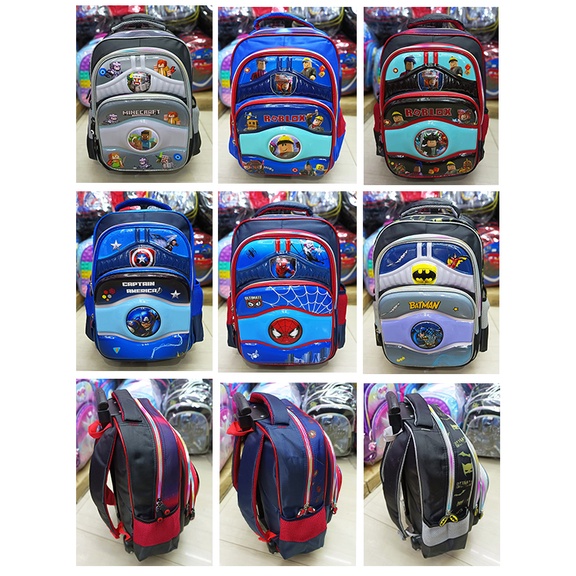 TAS PREMIUM TROLLEY DORONG 16inch UKURAN BESAR TAS ANAK SEKOLAH LAKI LAKI SD JAGOAN BINTANG TIMBUL 3RESLETING IMPORT ( Dino Dinosourus Odet Osh Duet Cool Gliter Zoom GIGI SMILE GOGO ASTRONOT 16&quot;  SD )