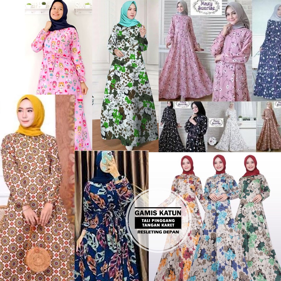 Gamis katun motif monalisa janbol, sunrise, rasti, polkadot, gamis harian murah