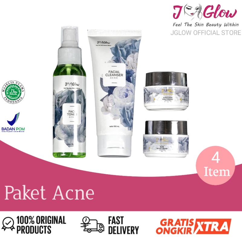 Jglow Skincare Paket Acne Whitening Cream Skin glowing Perawatan Wajah Berjerawat Beruntusan Bpom-Paket Acne