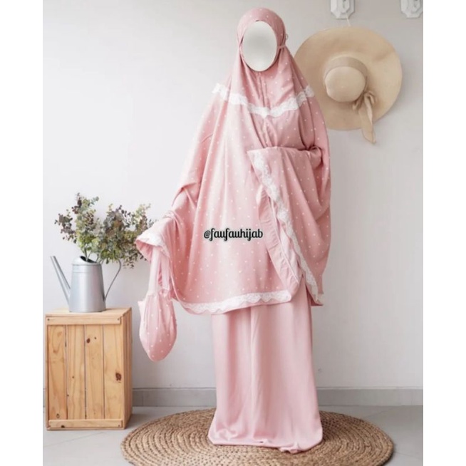 mukena 2in1 polka dusty pink renda free sajadah ori by faufau hijab