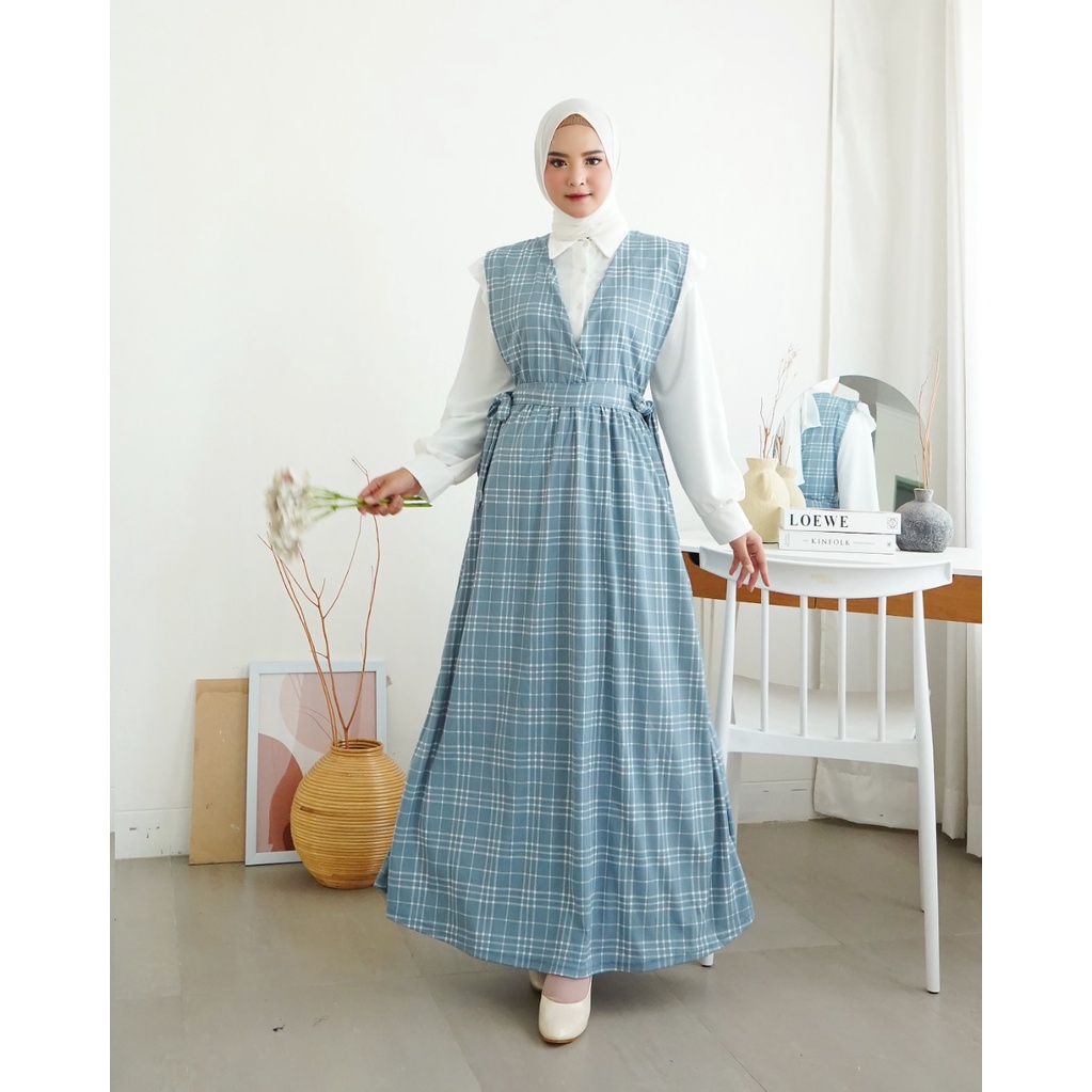 Maxi Dress Pastel Motif Kotak-Kotak | Dress Wanita Pinggang Tali