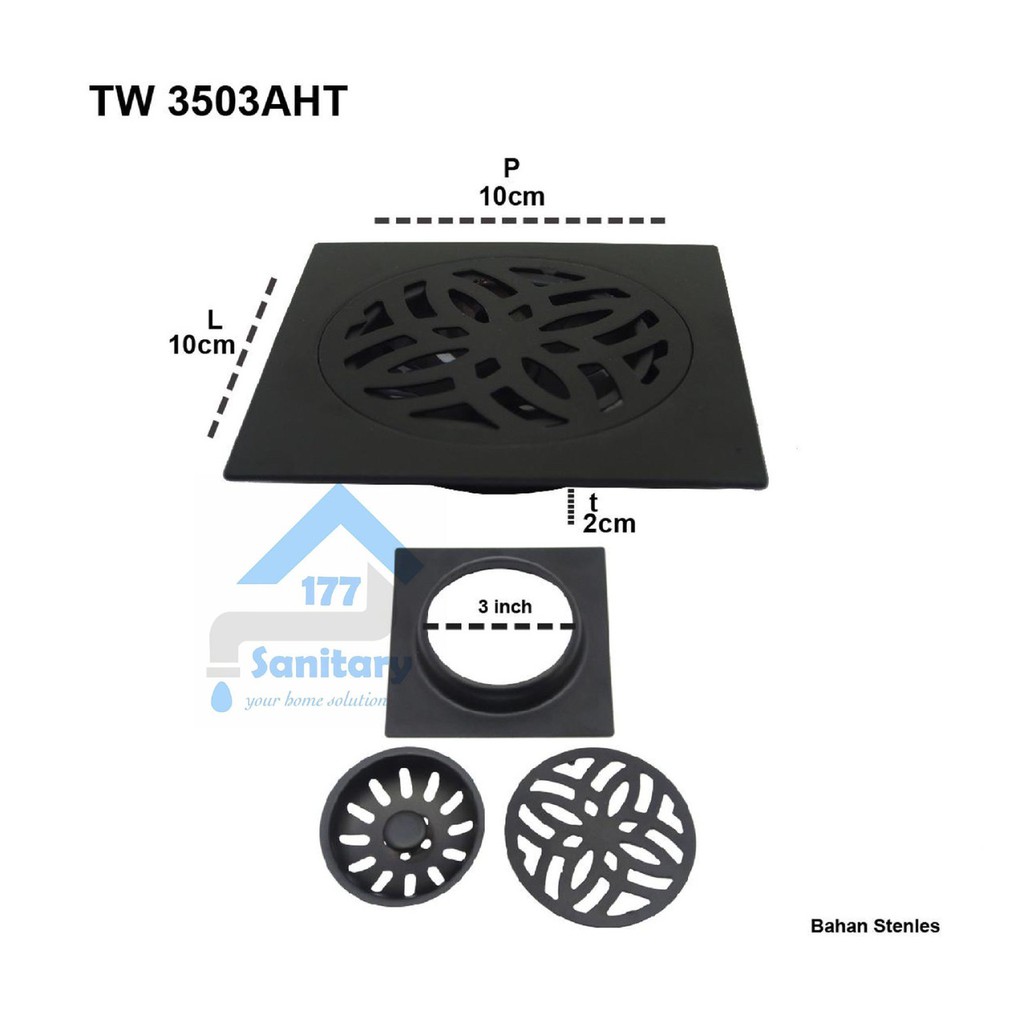 Saringan Got Stainless HITAM PLAT TW3503-Floor drain Black stenlis  pembuangan air anti kecoa tikus