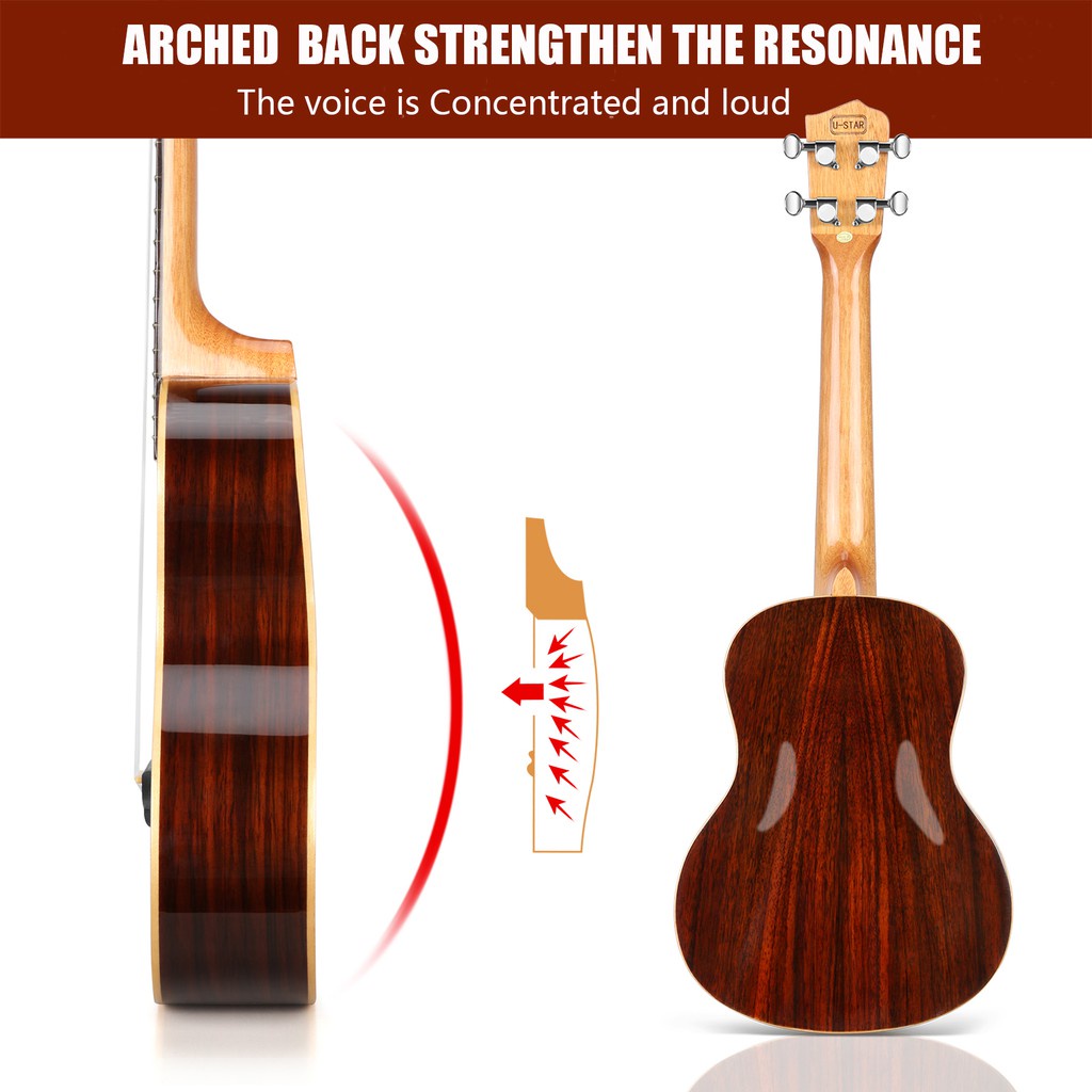 Acouway 24 inch Concert ukulele with 12 zodiac tatoo solid spruce top rosewood side &amp; back Clear glossy finish  with free bag and zodiac necklace birthday holiday gift  for virgo cancer leo gemini friend