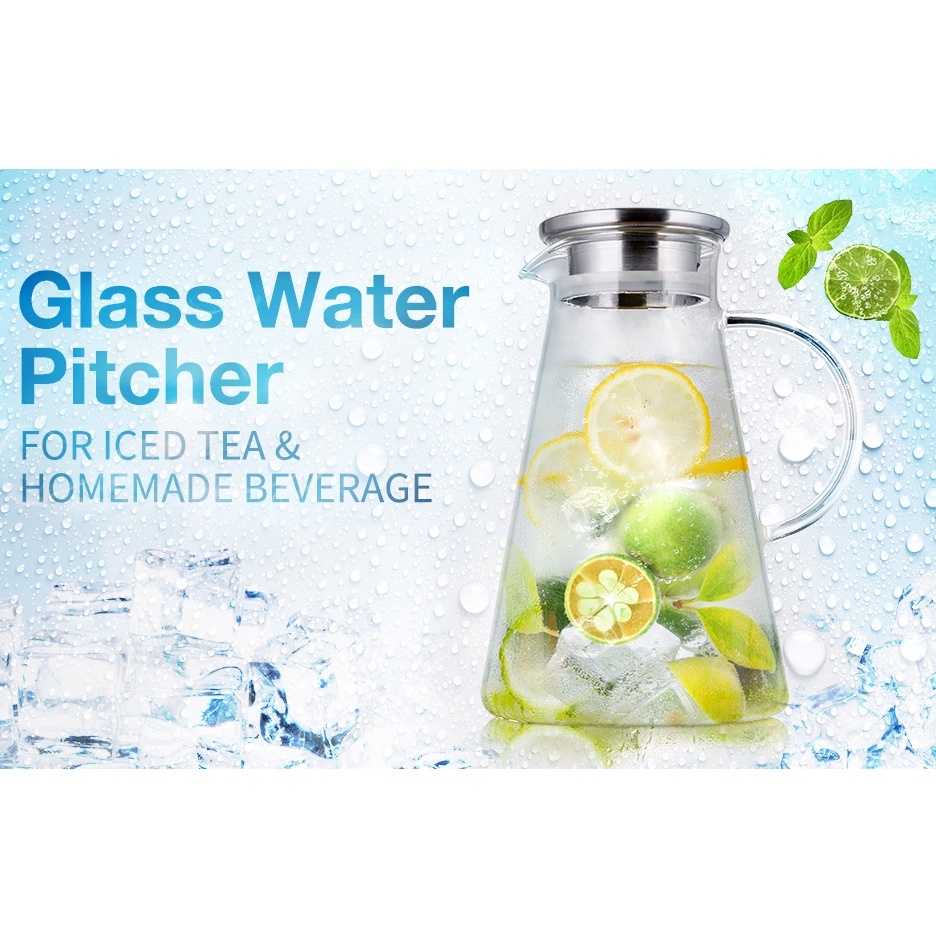 Pitcher Jug Teko Teapot Minuman Gelas Kaca Bening / Kendi Air Minum Bahan Borosilicate Glass Tutup S