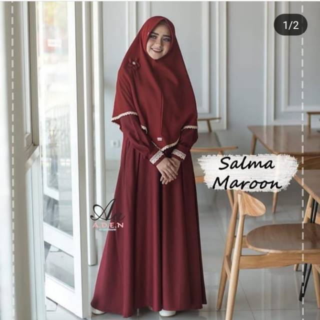Salma syar'i + khimar marun / gamis syar'i polos / gamis syar'i terbaru / gamis syar'i bagus