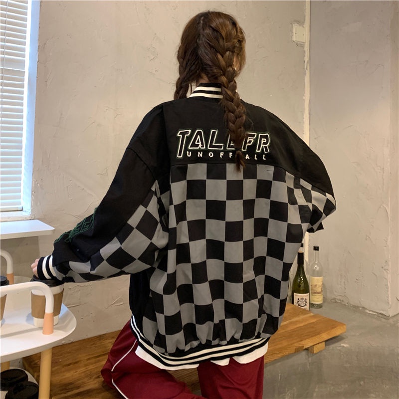 Suhao Checkerboard kotak-kotak baseball seragam wanita baru longgar cocok Amerika hip-hop goreng patch jalan jaket musim gugur jaket