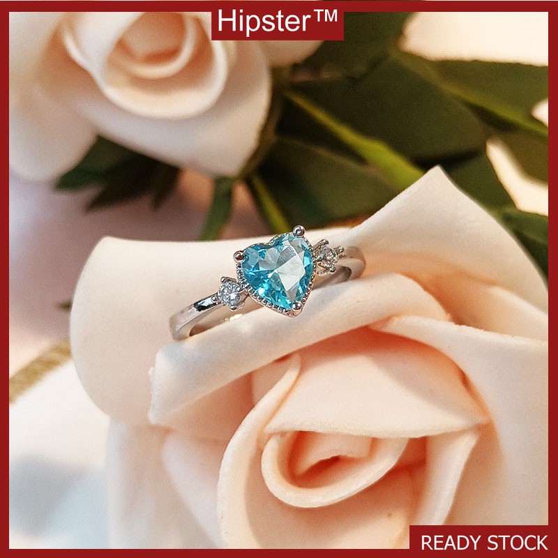 Best-Selling Classic Light Luxury Inlaid Heart-Shaped Aquamarine Couple Romantic Adjustable Ring