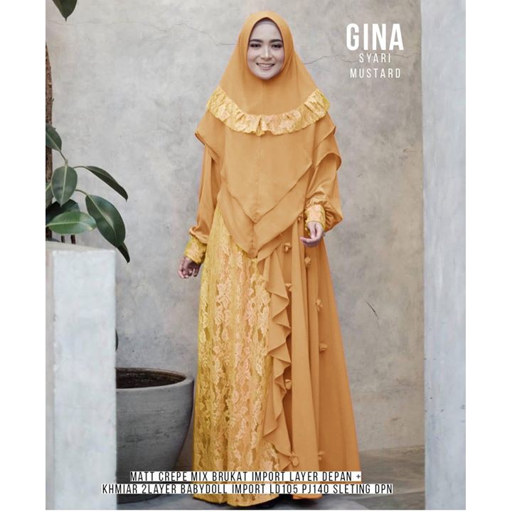 GAMIS SYARI BUSUI CREPE MIX BROKAT IMPORT GINA MUSTARD ORI SV