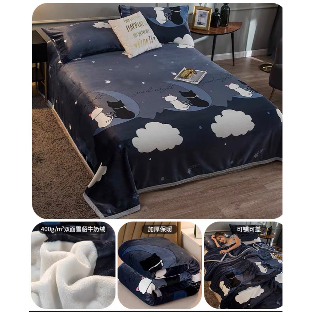 Selimut Bulu Halus Dewasa 150x200 Termurah Terlaris Motif Aesthetic New Arrival-Good Night Cat