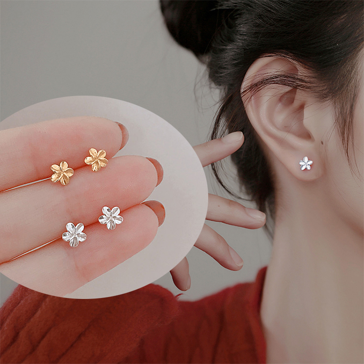 Anting Stud Desain Bunga Sakura Warna Silver Gold Untuk Wanita