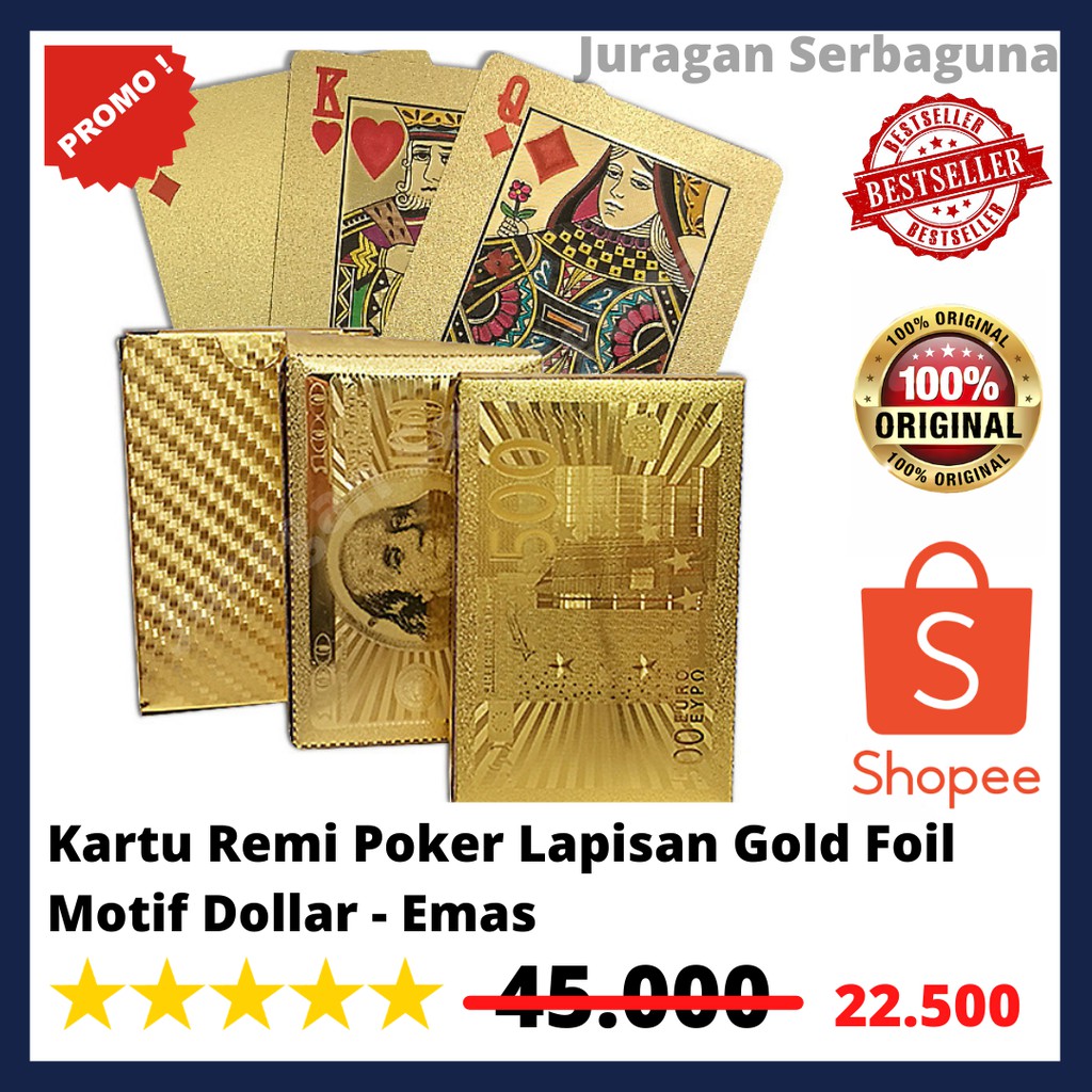 Kartu Remi Poker Lapisan Gold Foil Motif Dollar - Emas