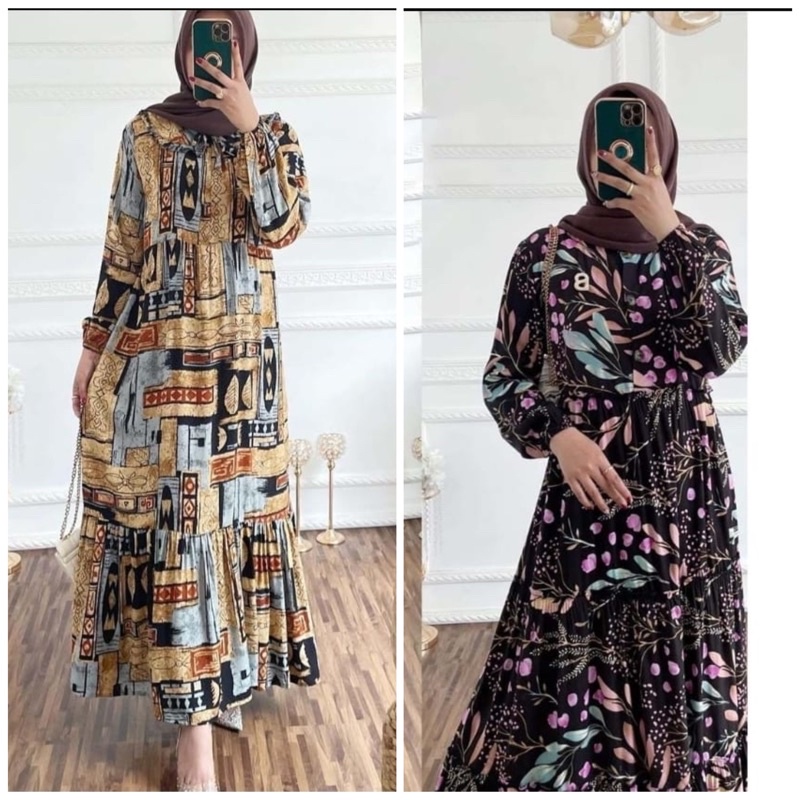 (RPA) GAMIS LANA MAXI MIDI DRESS BUSUI WANITA RAYON MOTIF UNIQLO