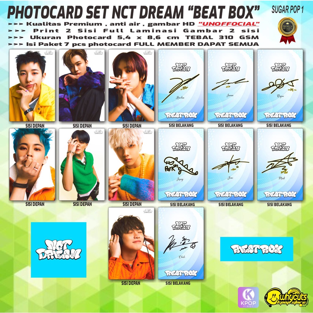 PHOTOCARD UNOFFICAL PREMIUM NCT DREAM BEAT BOX / FULL SET 7 PCS / PRINT 2 SISI LAMINASI SUPER GLOSSY