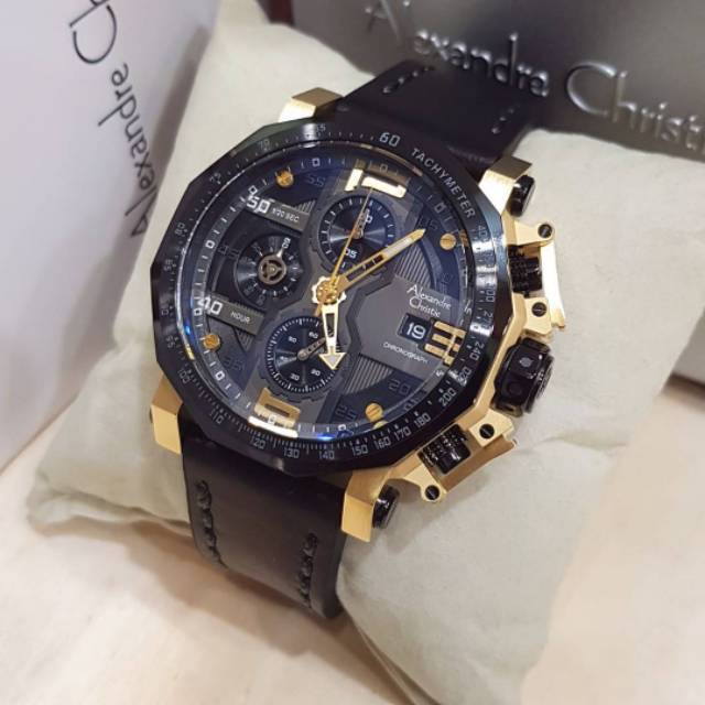 Jam Tangan Keren Elegant Pria Alexandre Christie AC 6373 MC Leather Black Gold Original