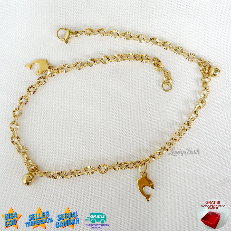 Lovelybutik Gelang Kaki Dewasa Titanium Anti Karat Dolphin Dolpin Gelang Kaki Wanita Titanium Rantai Nori Donat Ukuran 27 Cm BONUS TEMPAT PERHIASAN