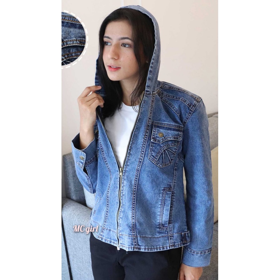 MC girl - Jaket Jeans Topi Resleting Wanita / Jacket Denim Sleting Hoodie / Jaket Lepis Risleting Kupluk