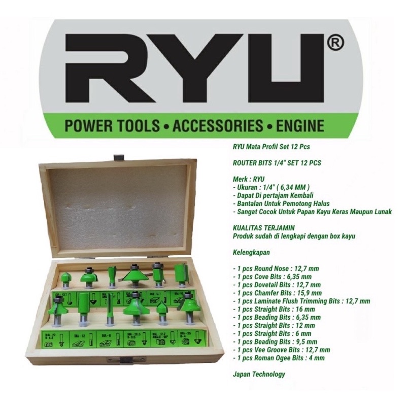 MATA PROFIL ROUTER KAYU SET 12 PCS RYU ROUTER BITS 1/4” SET