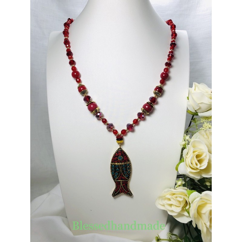 kalung tali batu alam dan liontin lkan Nepal