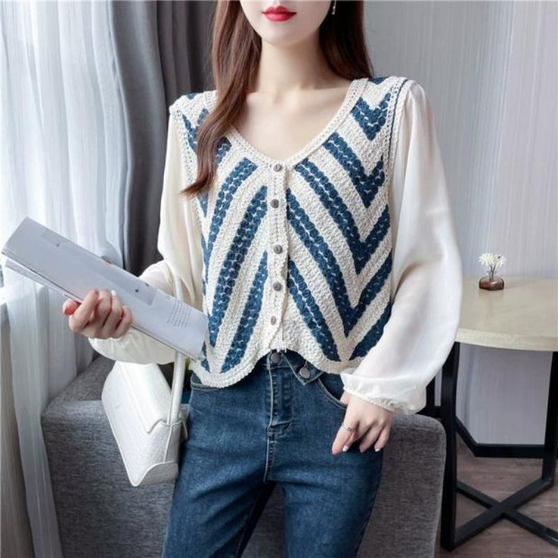 MDLV ~ 62110 Hannah Crochet Cardigan Organic Cotton combi Sifon Import Korea Look Fashion Import