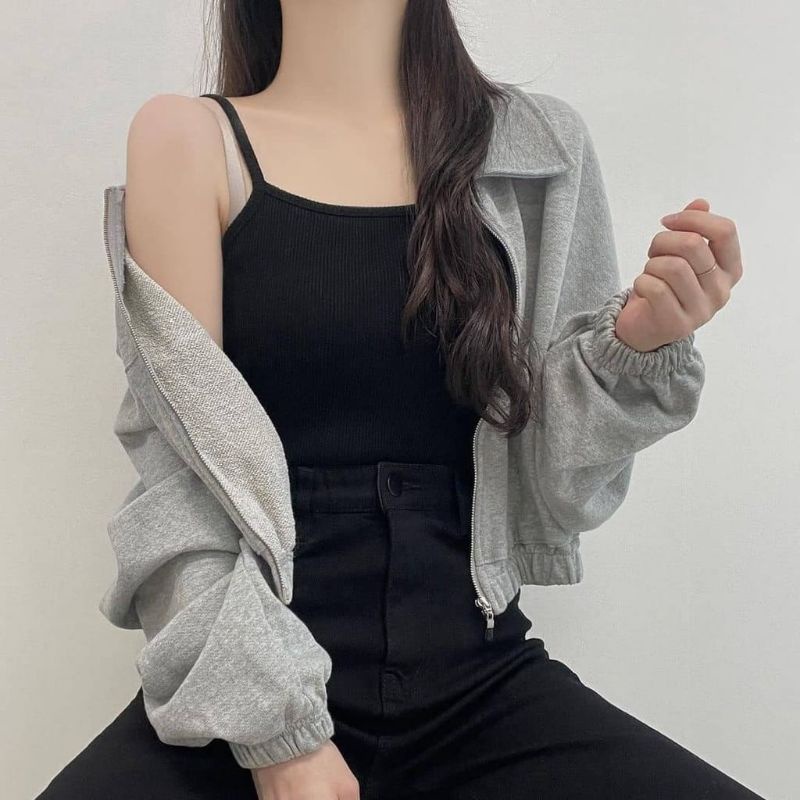 Sweater Crewneck Crop Outerwear Pakaian Wanita VADA COLAR JAKET Korean style Bahan flecee