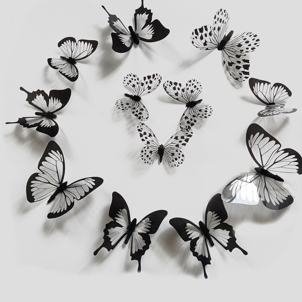 [24 pcs/ lot Black white 3D butterfly Wall Stickers] [DIY Wall Decal Stickers Used for Wedding Home Living Room TV Background Wall Decoration]