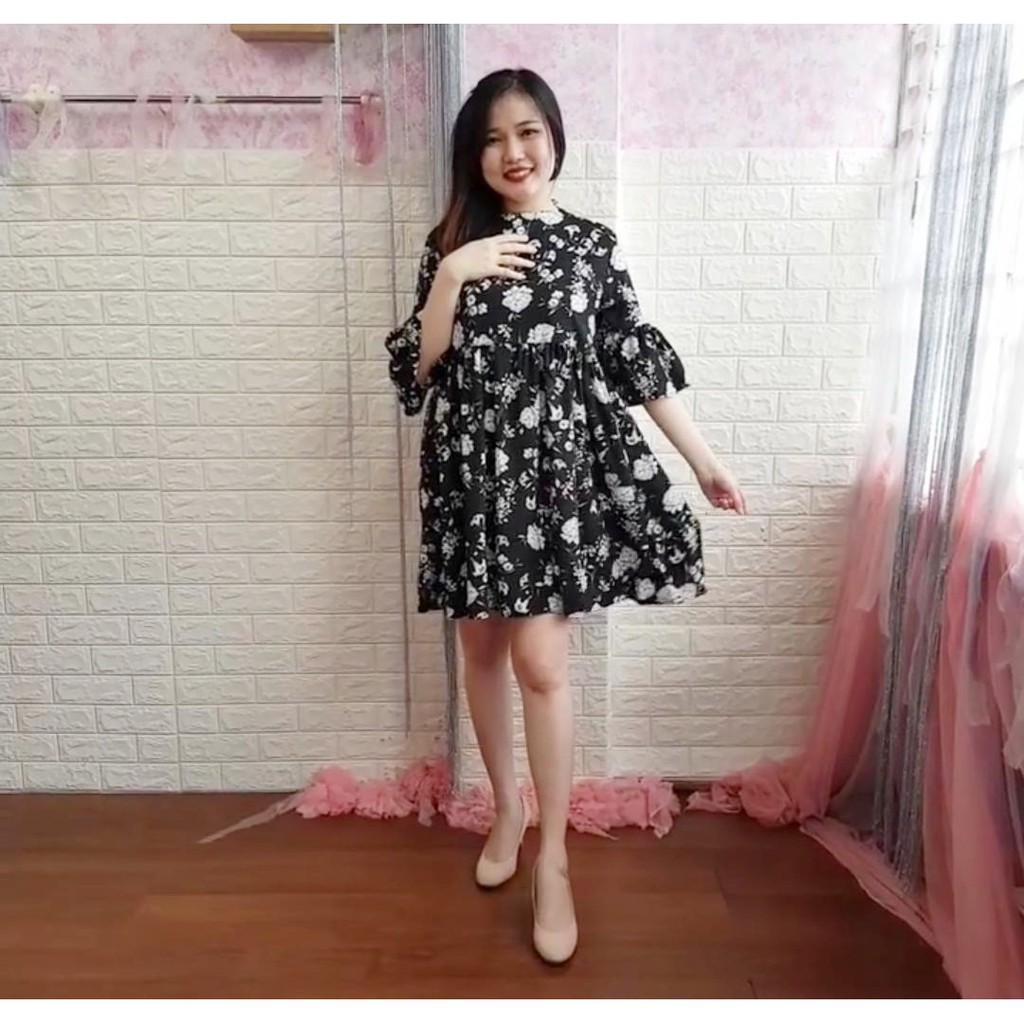 [baju wanita korea]  Mini Dress Bunga Wanita Bangkok Korea Import Hitam Black