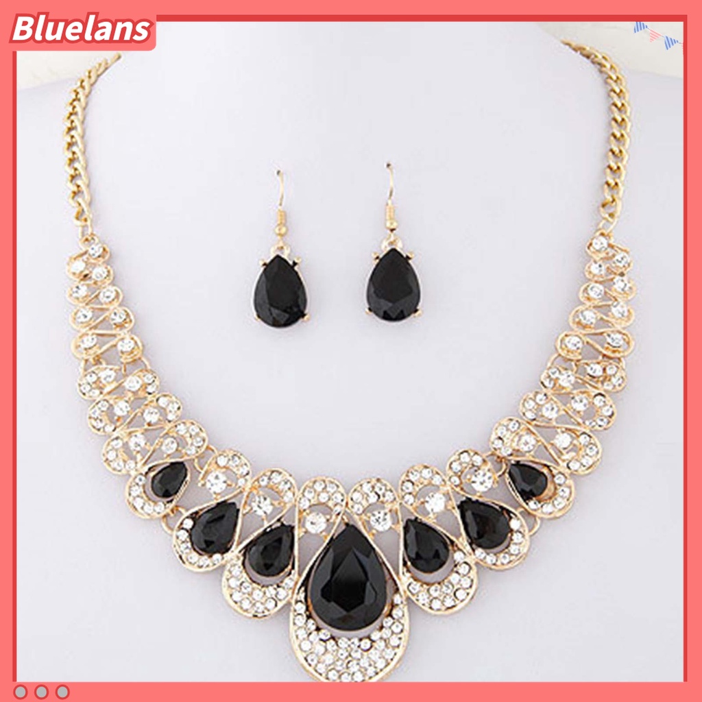 Bluelans 2Pcs / Set Anting Dan Kalung Liontin Batu Permata Imitasi Bentuk Tetesan Air Warna-Warni