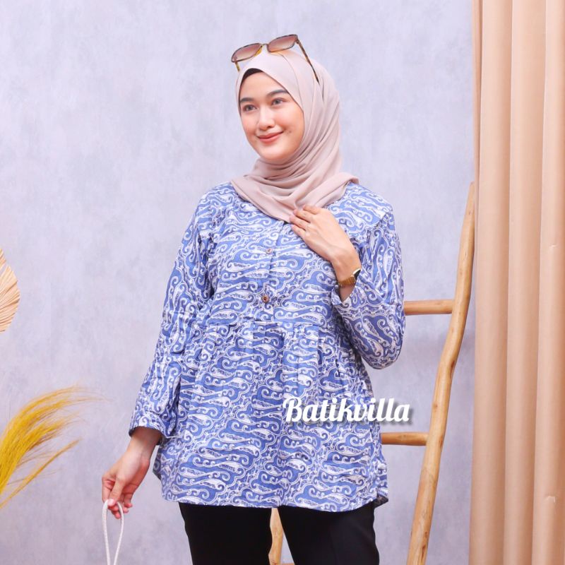 tey-17 Batik wanita ASJ SA HRB026 Kenongo Kemeja Tosca Pendek-Seno biru