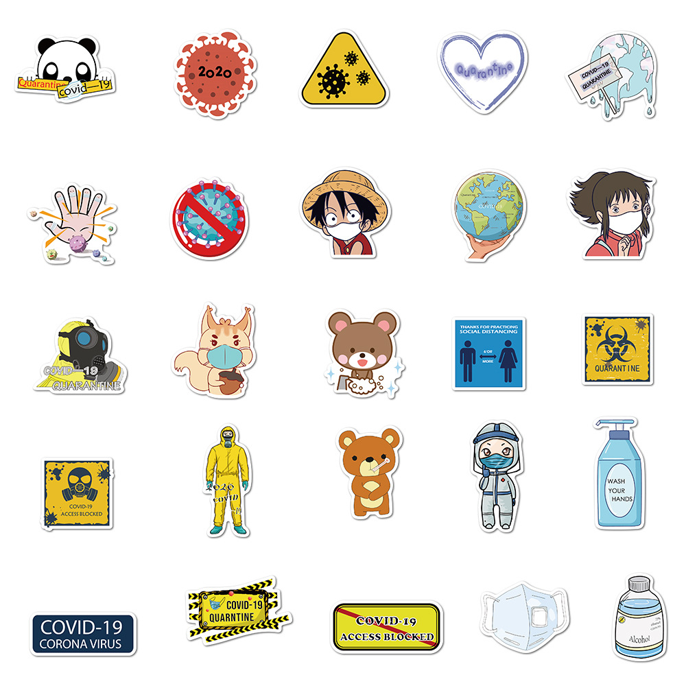 50 2020 epidemic prevention cartoon graffiti stickers luggage laptop waterproof and non-sticky stickers