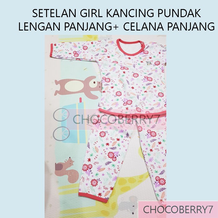 Setelan Baju Bayi Perempuan Anak Lengan Panjang Kancing Depan Pundak + Celana merk LittleQ Little Q