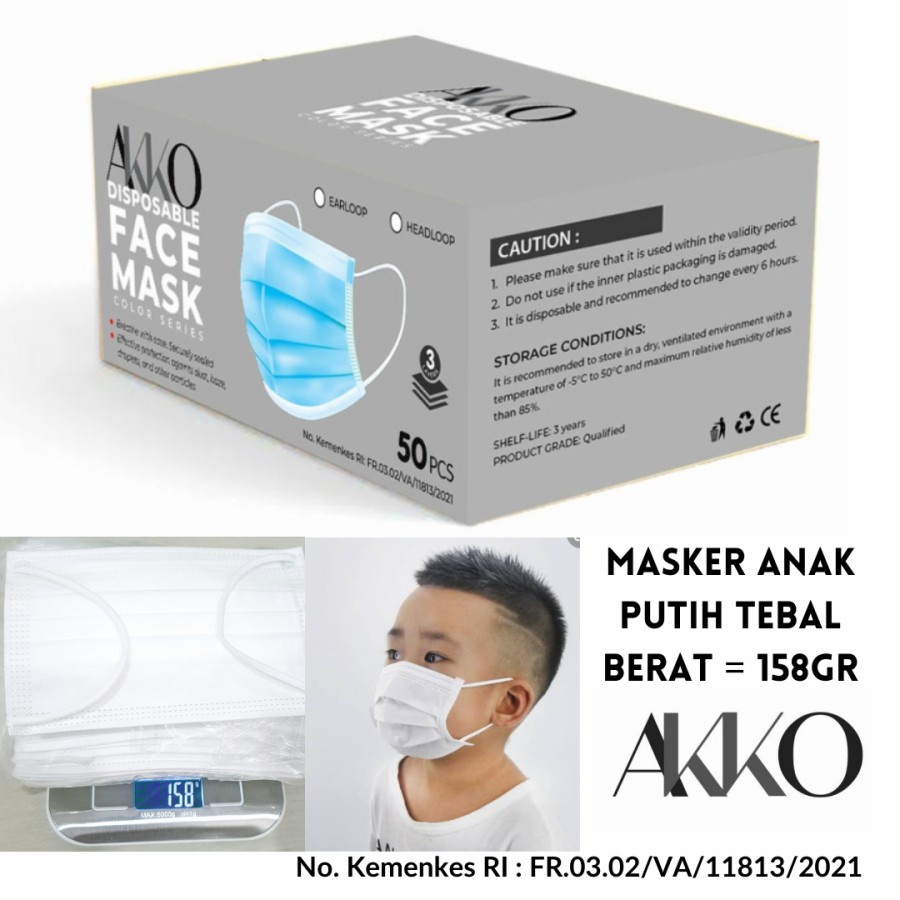 MASKER ANAK PUTIH AKKO 3PLY EARLOOP PUTIH TEBAL HALUS AMAN UNTUK ANAK