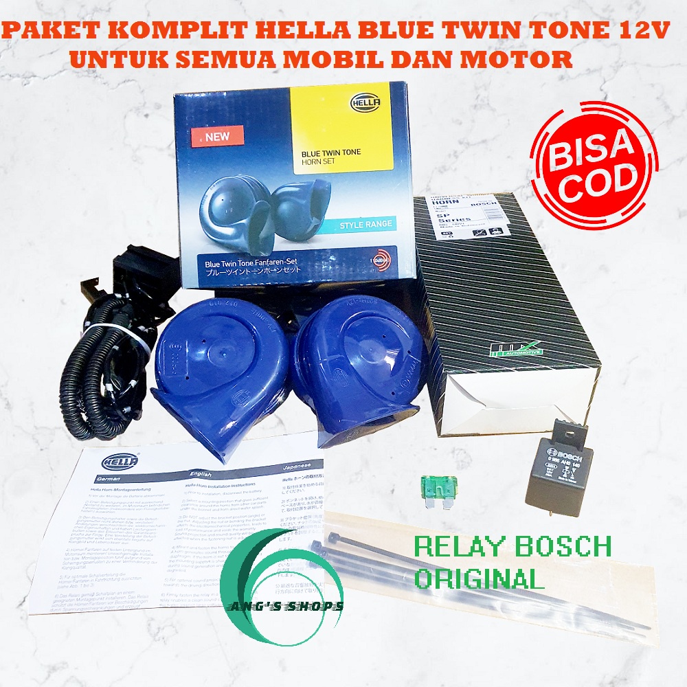 KLAKSON KEONG HELLA BLUE TWIN TONE 12V + KABEL RELAY SET BOSCH ORIGINAL