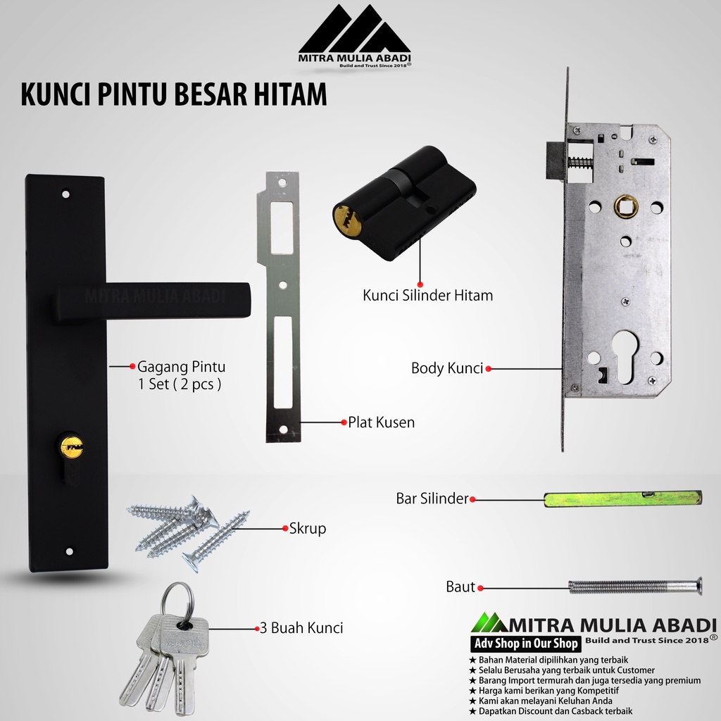 Kunci Pintu Handle Besar Hitam | Door Lock Handle | Fullset