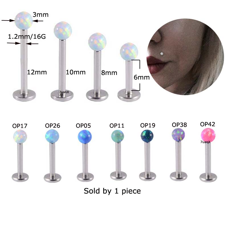 1pc Anting Tindik Bibir Desain Kepala Flat Bahan Stainless Steel 16gauge Dengan Opal Internal