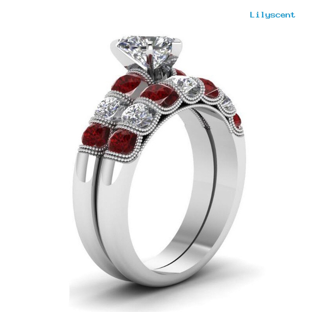 2pcs / Set Cincin Jari Bentuk Hati Ruby Berlian Imitasi Gaya Retro Untuk Wanita