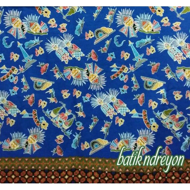 ➼ kain batik betawi meteran, keongmas, ondel, keraktelor, monas BIRU ✸