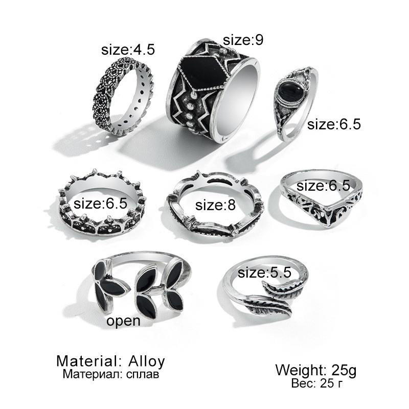 8pcs / Set Cincin Desain Daun Drops Oil Permata Hitam Untuk Wanita