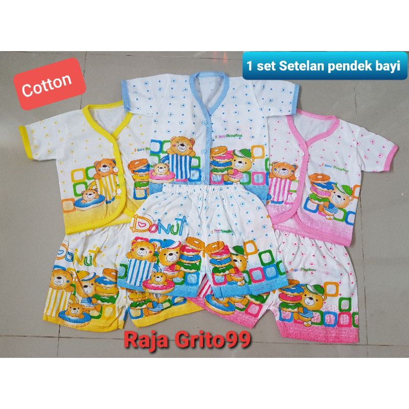 Setelan Pendek Bayi Newborn Baju pendek + celana Pendek Motif sablon Bahan TC Katun