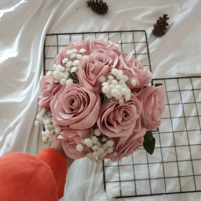 Korean Style Wedding Hand Bouquet Buket Bunga Lamaran Pernikahan Baby blue baby pink Putih Marun Rose Gold Ungu Super Platinum