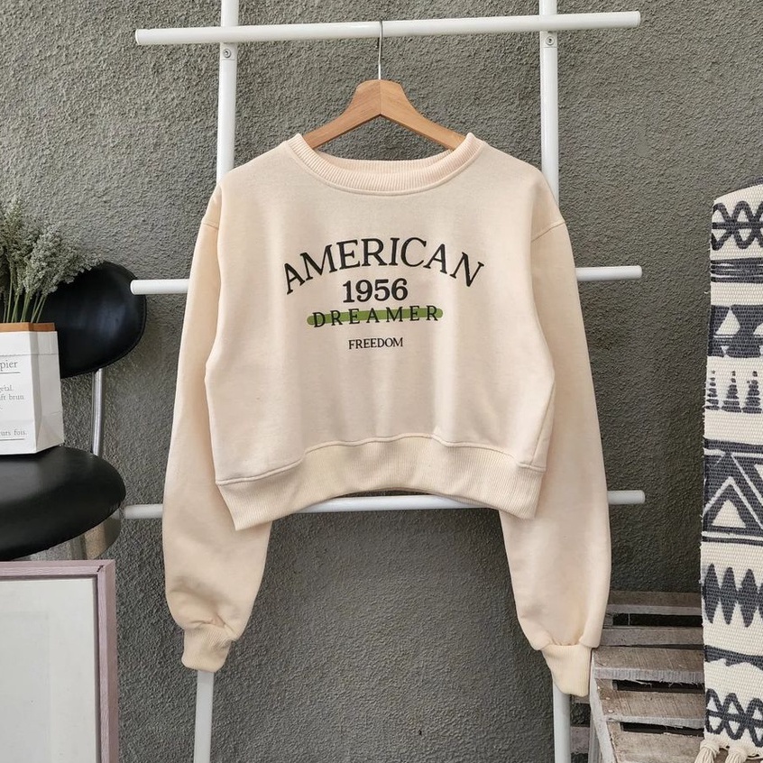 Sweater Semi Crop Wanita American Croope Bahan Pleece Ala korean Style