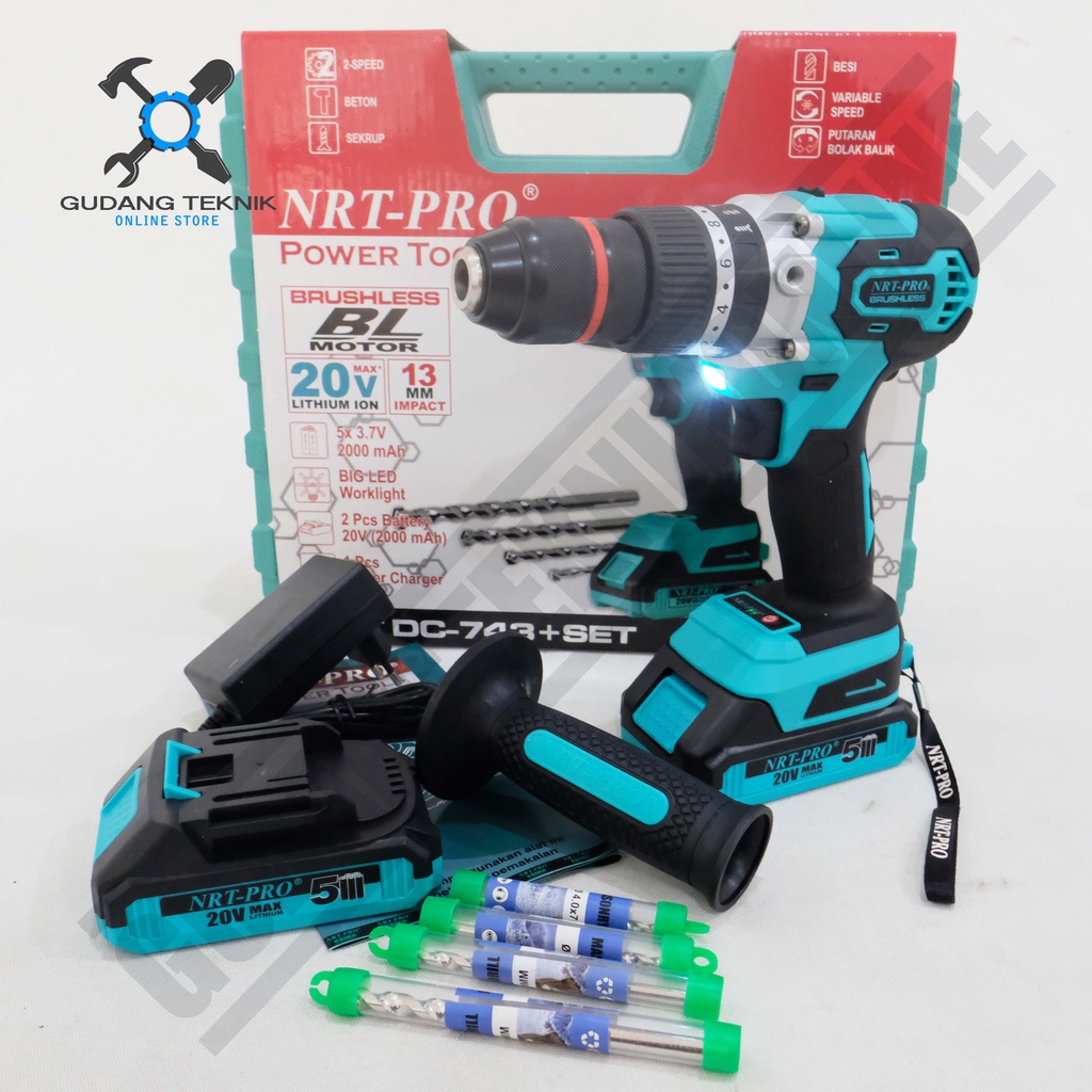 Cordless Drill NRT 743 DC Set BRUSHLESS Mesin Bor Baterai Impact Drill 20V Bor Tembok Beton 13mm