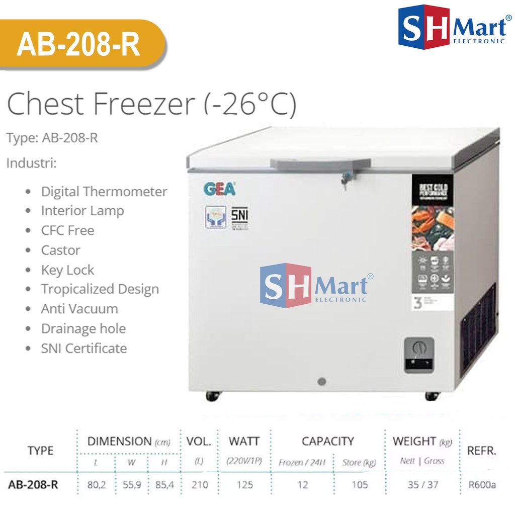 CHEST FREEZER GEA KAPASITAS 210 LITER AB-208R AB208R FREEZER BOX GARANSI RESMI (MEDAN)