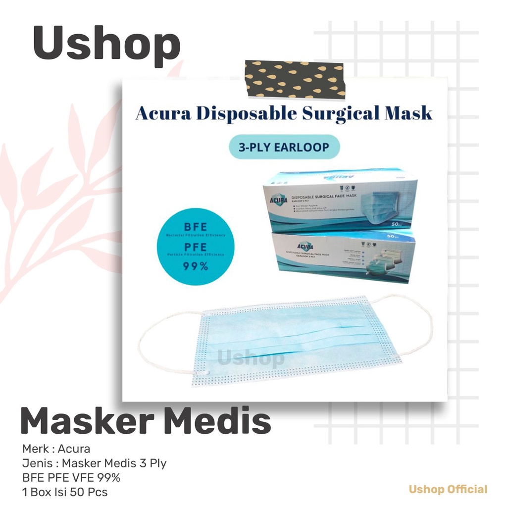 Masker Acura Disposable Surgical Mask 3-Ply Earloop_masker_medis - Hijau USHOP