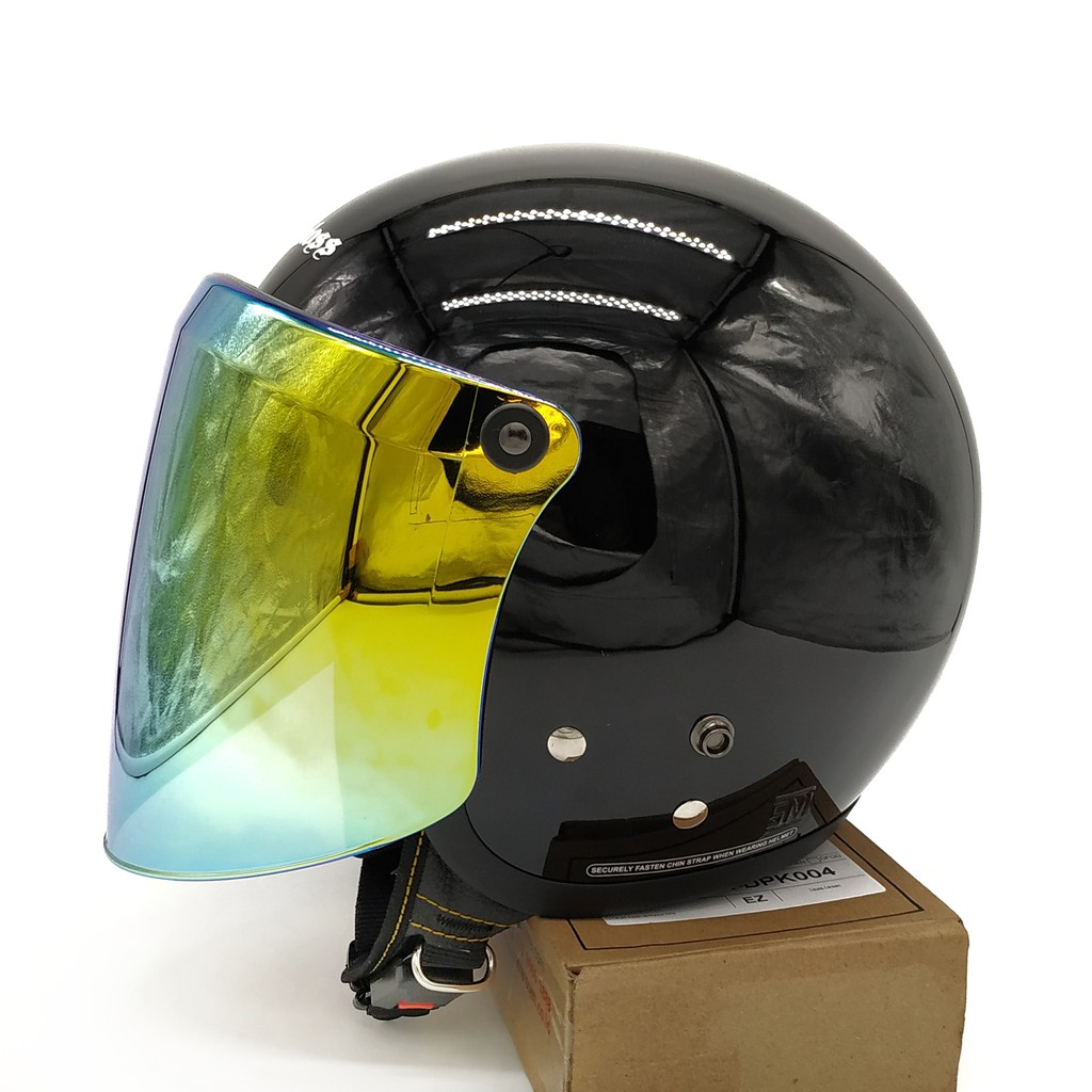 Helm Cargloss Retro Black Glossy + Kaca Snail Iridium Gold