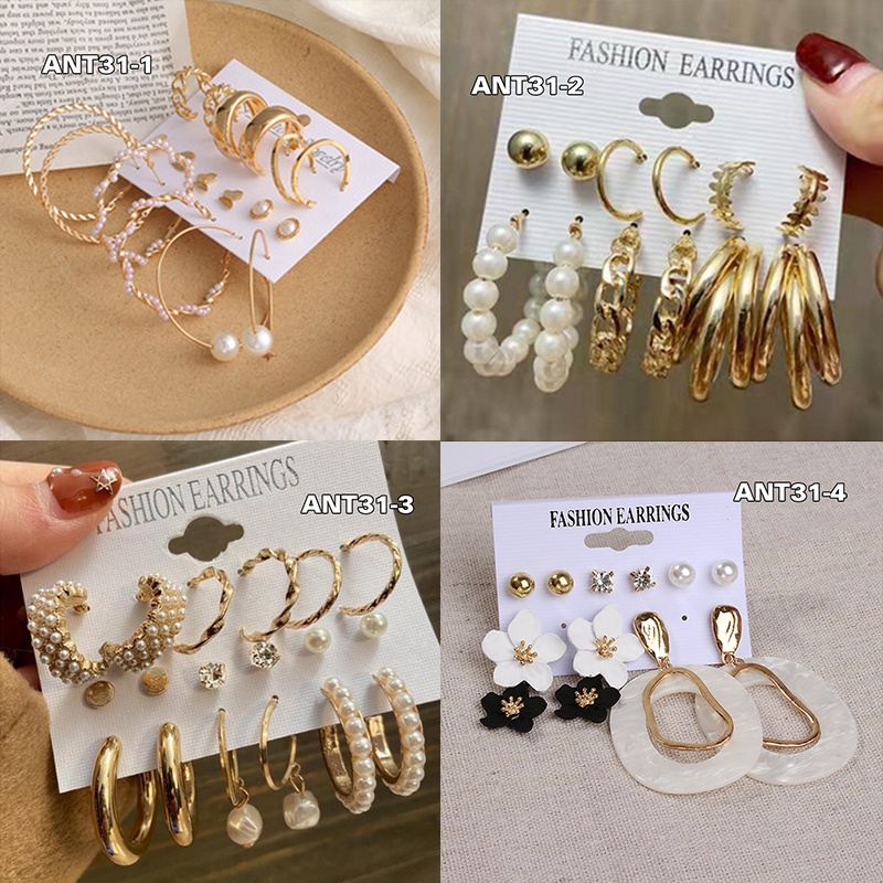 (6Pasang 1set) Anting Wanita korea/ Set anting fashion korea Tusuk Gantung Desain Geometri Hias Rumbai Alloy IMPORT Wanita korea ANT31-3