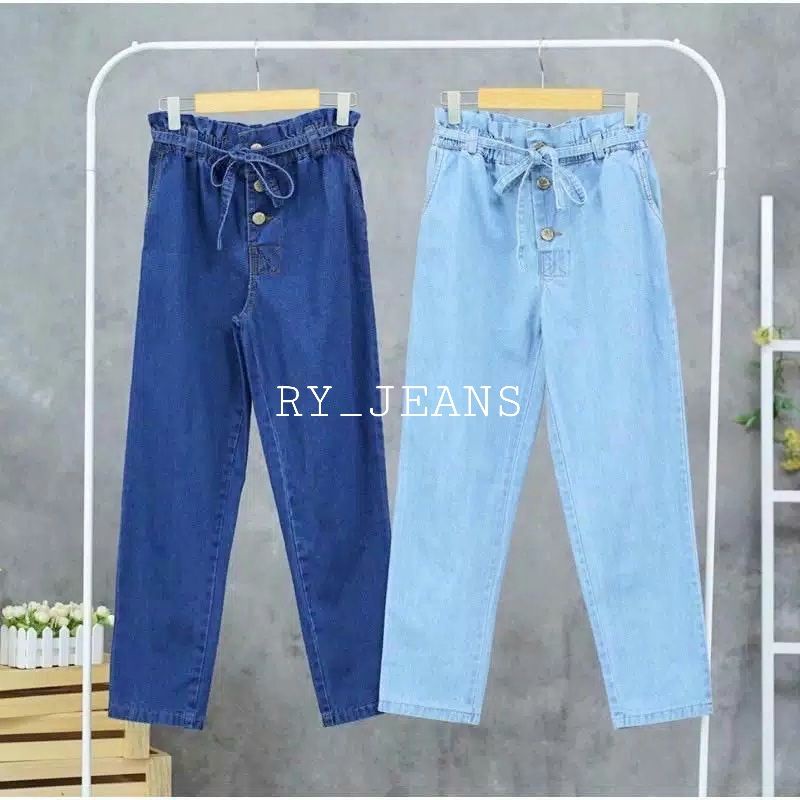 celana jumbo wanita baggy pant boyfriend jeans wanita pinggang karet melar